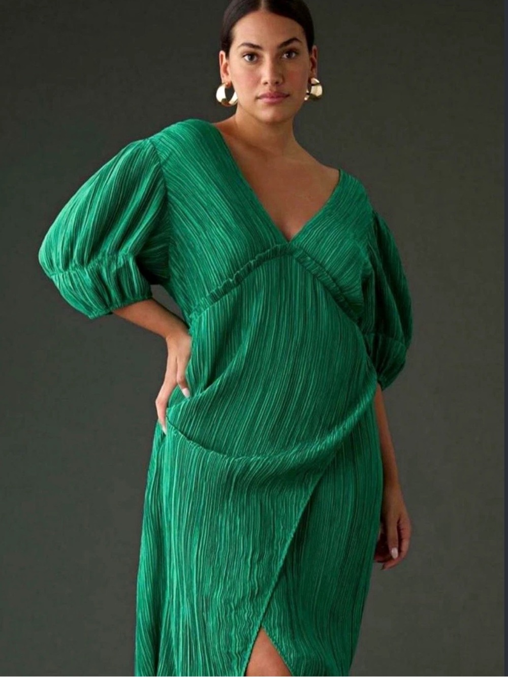 Anthropologie Plissé Pleated Wrap Midi Dress Emerald Green 2X